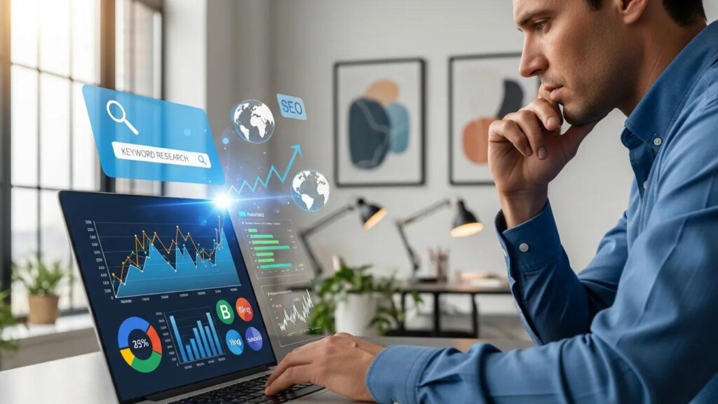 Business professional analyzing SEO data with digital marketing elements