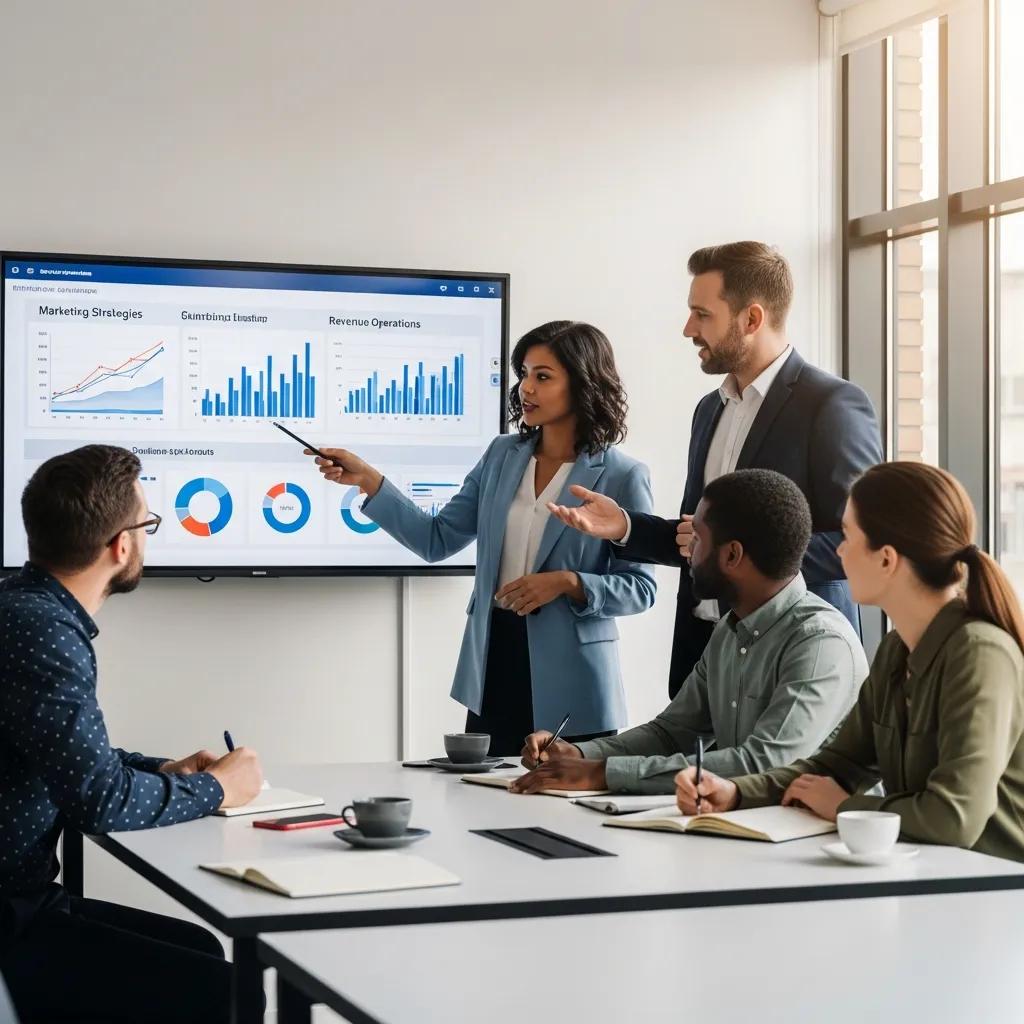 Business professionals collaborating on revenue infrastructure strategies in a modern office setting