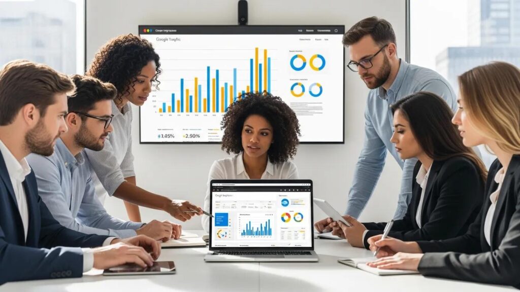 Business team collaborating on SEO strategies in a modern office