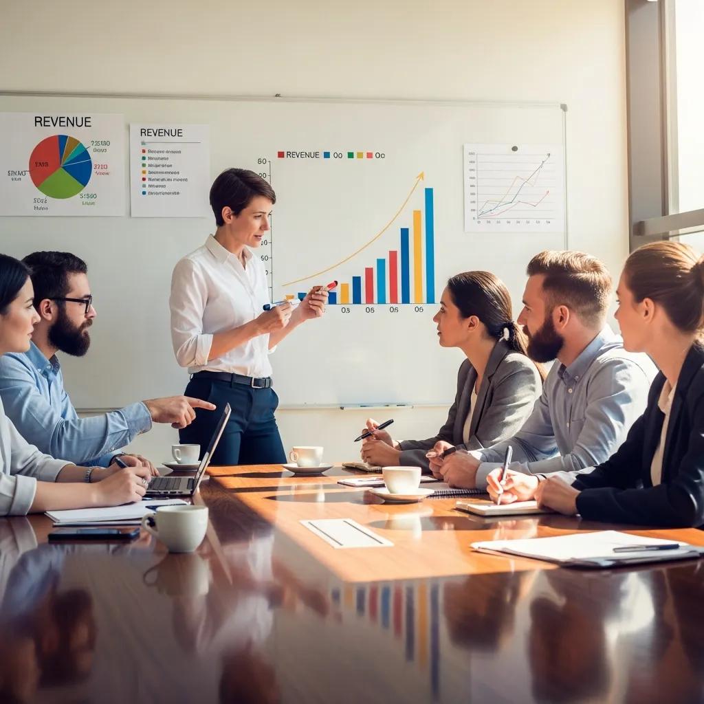 Business team discussing revenue growth metrics in a meeting room