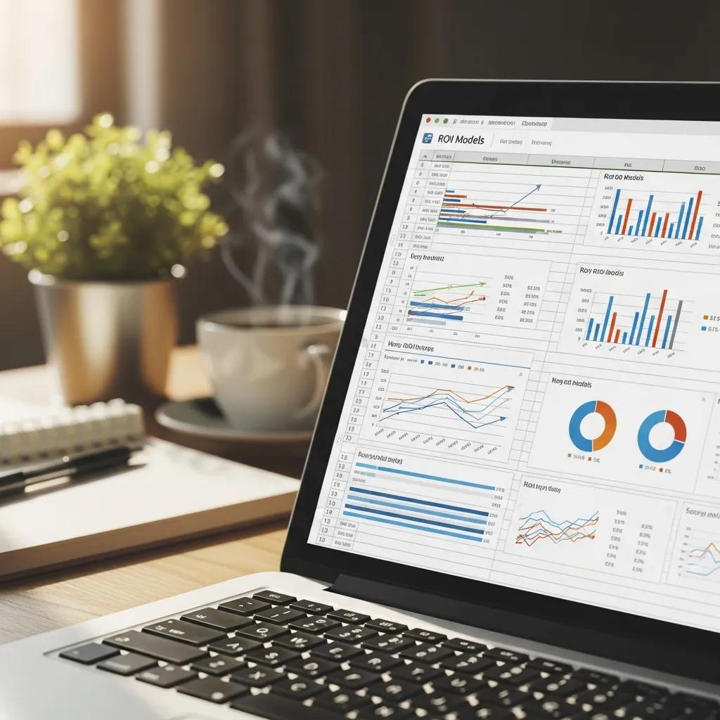 Close-up of a laptop displaying ROI metrics in a productive workspace