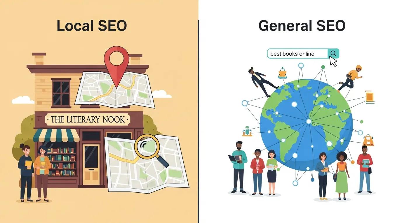 Comparison of local SEO targeting local customers and general SEO reaching a wider audience