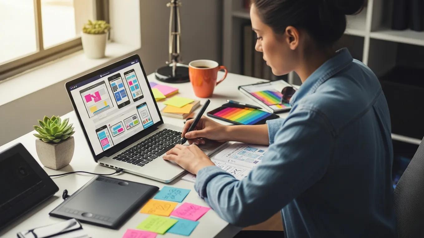 Designer creating a mobile-friendly website layout on a laptop with design tools around