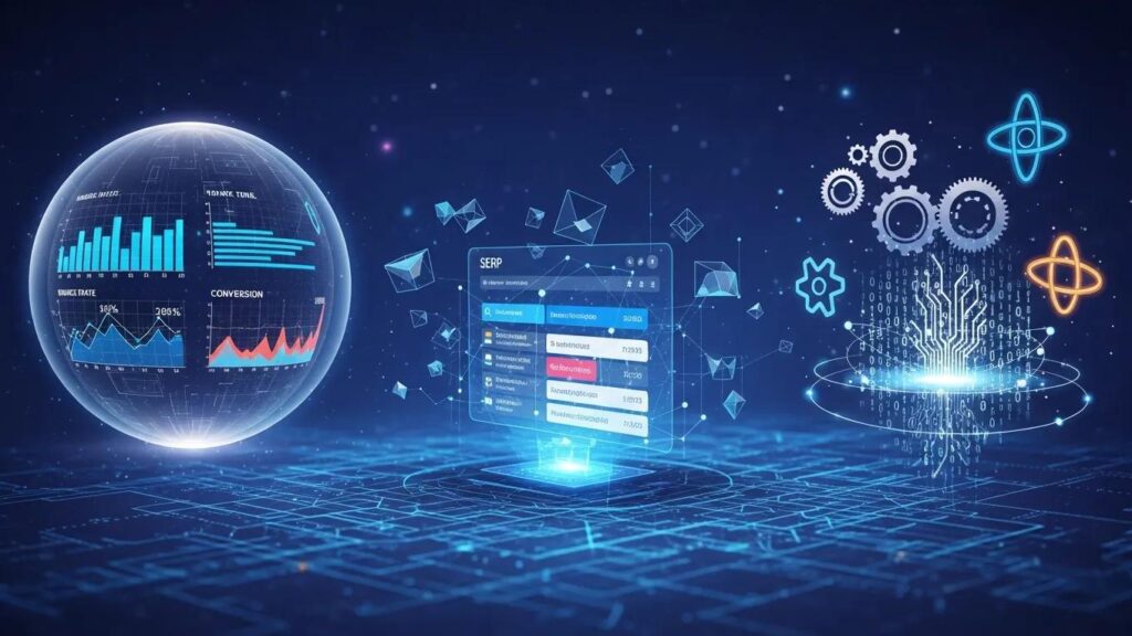 Digital landscape illustrating SEO concepts related to Google algorithm updates