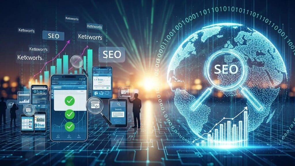 Digital landscape illustrating SEO ranking factors with mobile devices and keywords