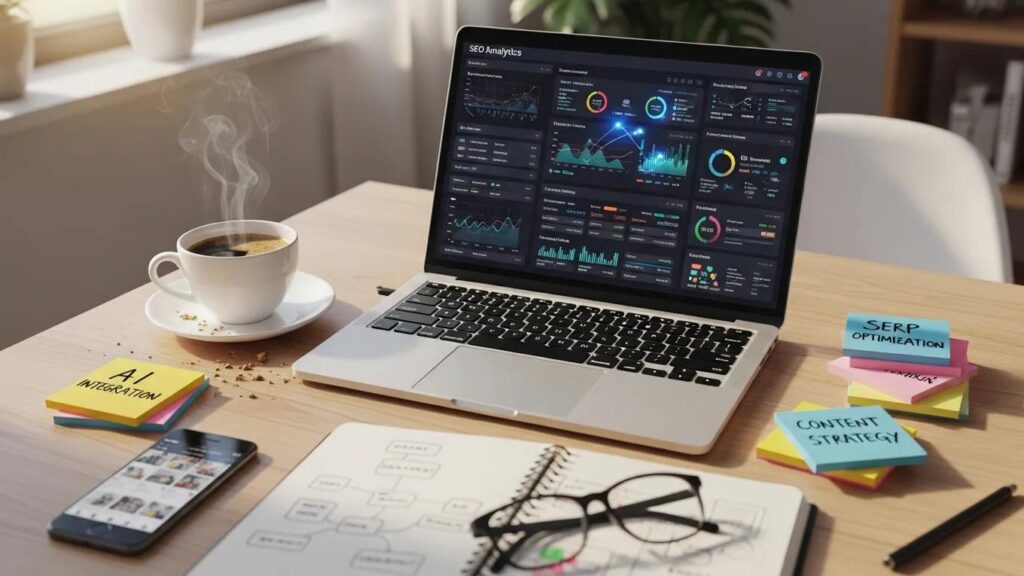 Digital workspace with laptop showing SEO analytics and notes, emphasizing keyword optimization