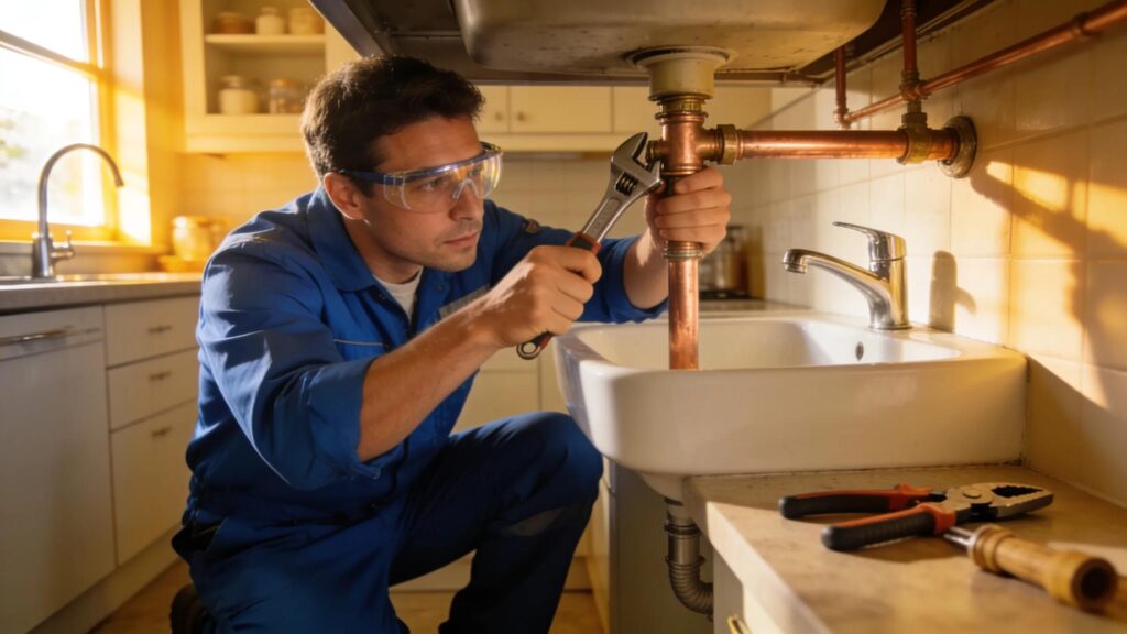 Plumber repairing kitchen sink plumbing, showcasing expertise in plumbing services