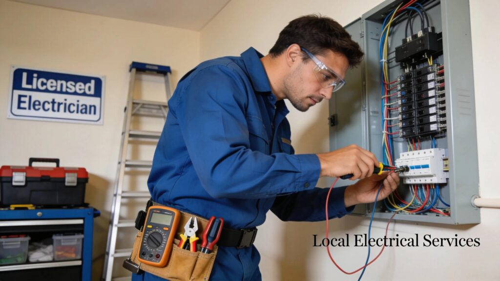 Electrical contractor working diligently with tools in a residential setting, illustrating expertise in the field