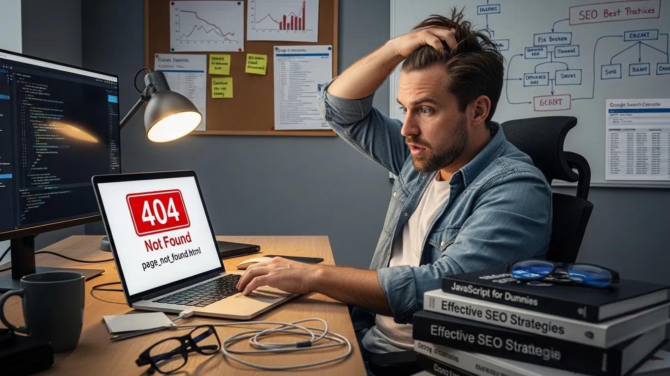 Frustrated web developer addressing broken link errors in technical SEO