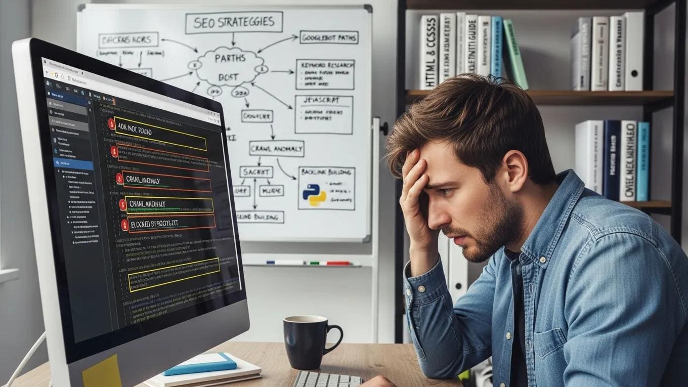 Frustrated web developer analyzing crawl errors on a computer screen