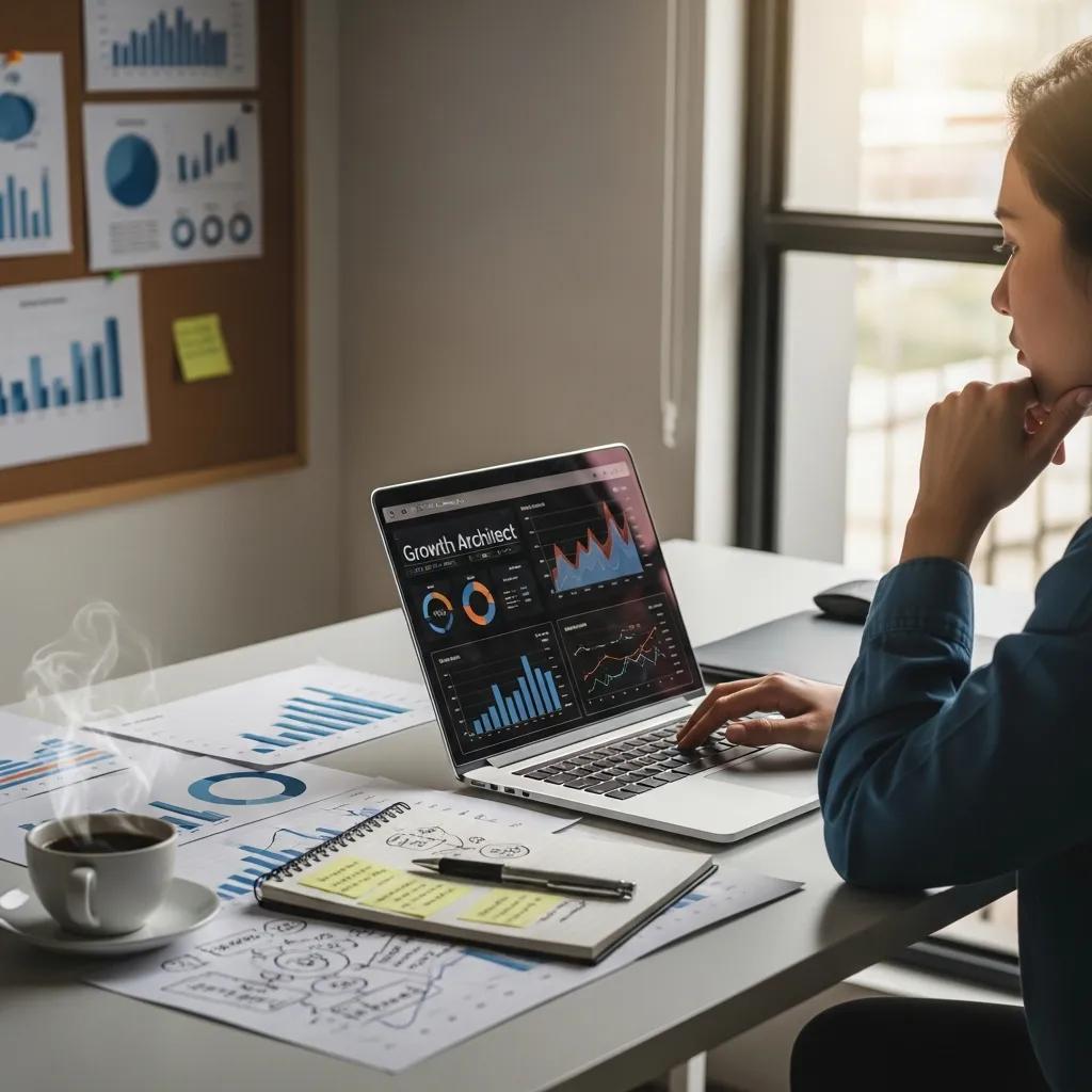 Growth Architect analyzing market data and strategizing for business growth in a modern office