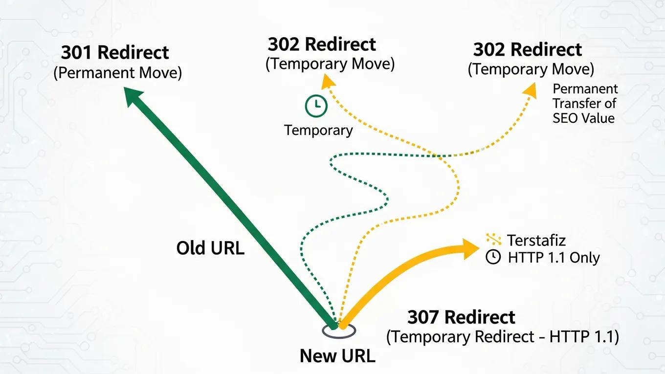 Illustration of different redirect types: 301, 302, and 307, highlighting their unique SEO impacts