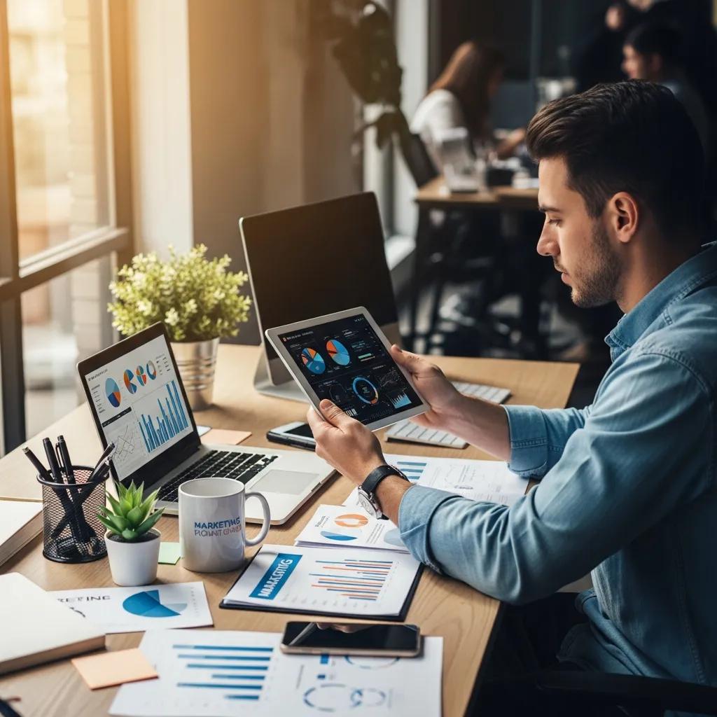 Individual analyzing marketing data on a tablet in a focused workspace