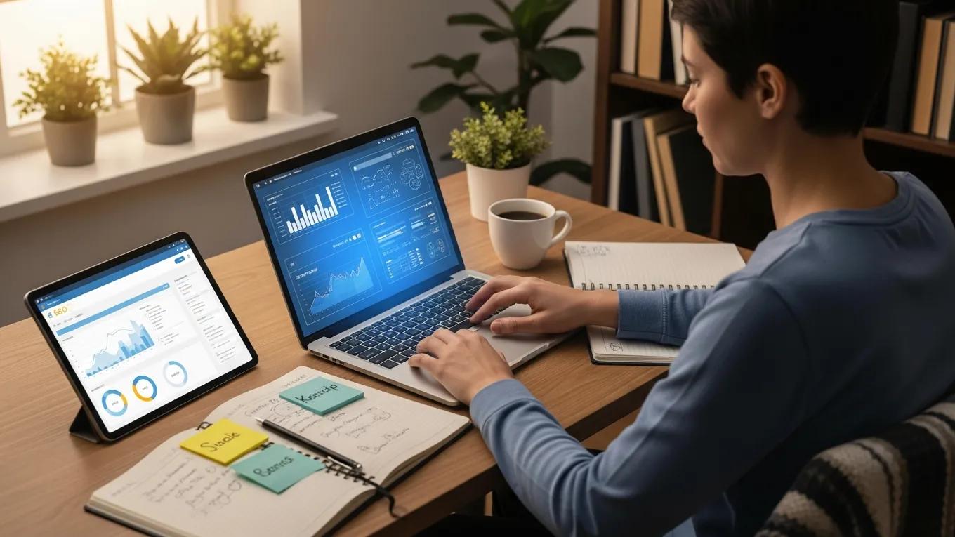 Person conducting keyword research in a cozy workspace