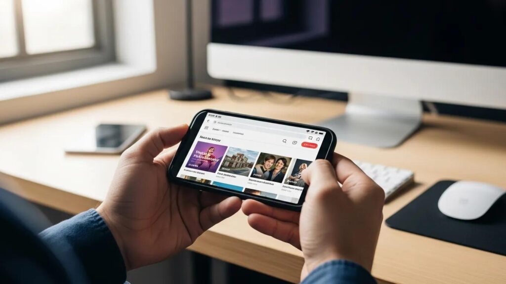 Person using a smartphone to browse a mobile-optimized website in a modern workspace