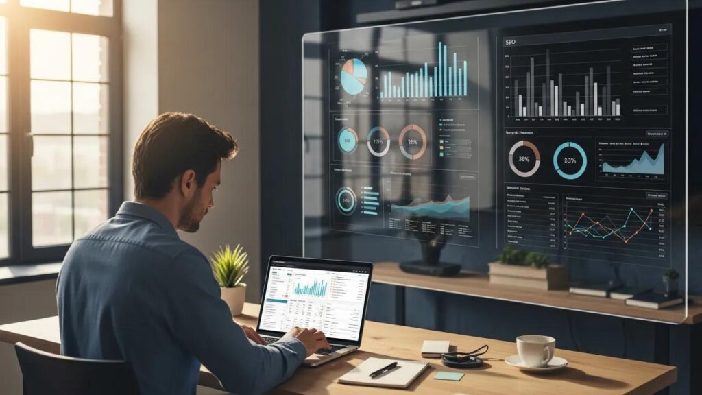 Professional analyzing SEO performance on a laptop in a modern office