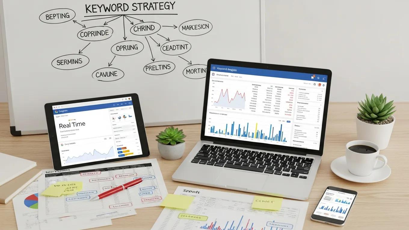 SEO tools on a desk for keyword analysis, highlighting detection methods for keyword cannibalization