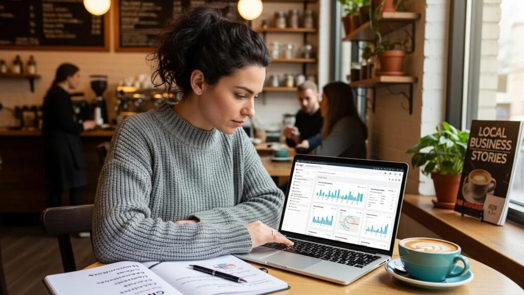 Small business owner reviewing local SEO strategies in a coffee shop