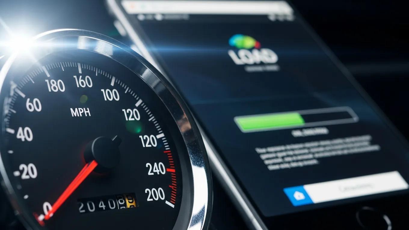 Speedometer indicating high speed with a blurred mobile website in the background