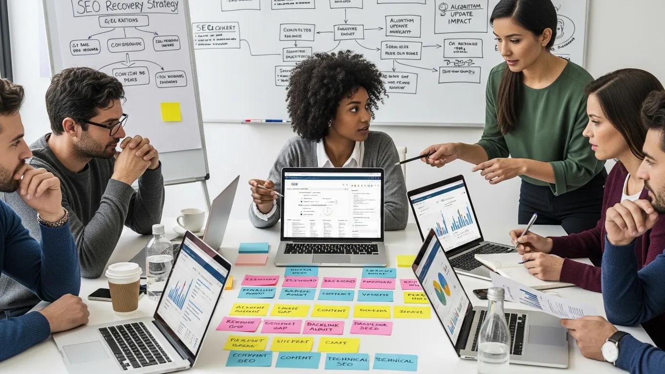 Team brainstorming SEO recovery strategies in a collaborative workspace