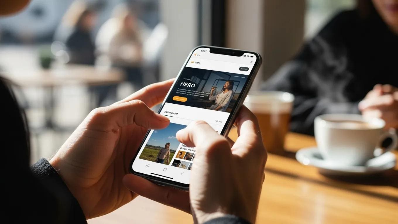 User navigating a mobile-friendly website in a casual coffee shop setting