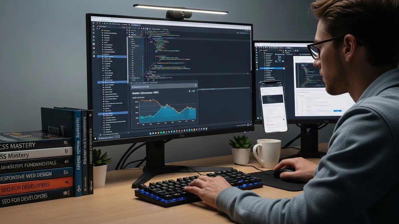 Web developer focusing on technical SEO elements in a workspace