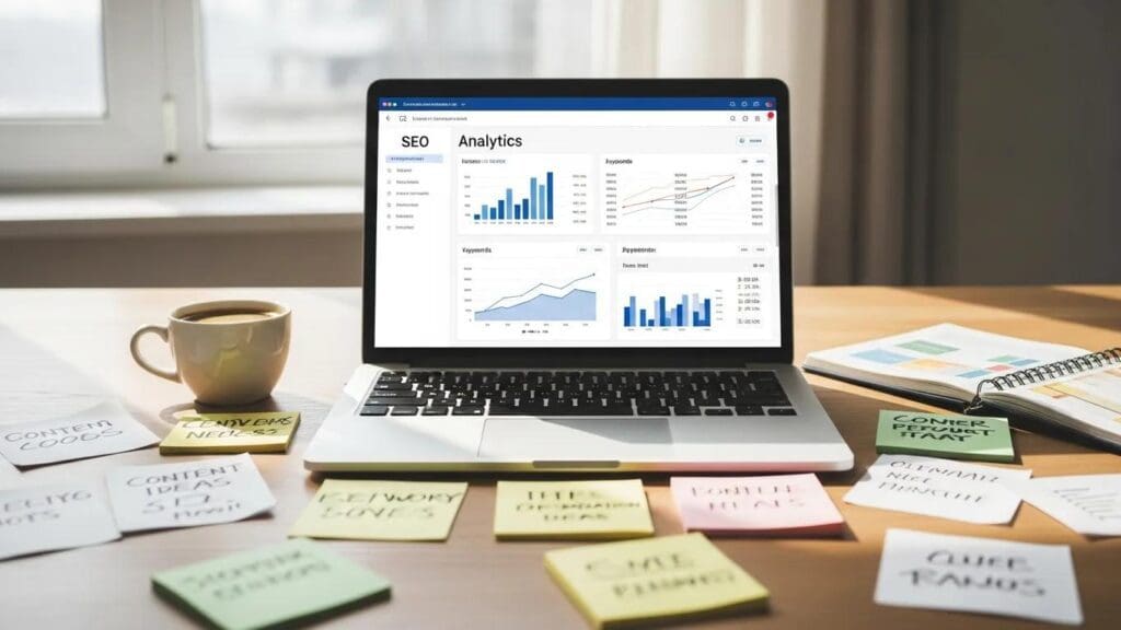 Digital marketing workspace with laptop showing SEO analytics and notes