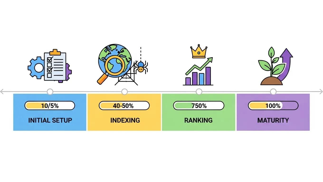 Illustration of the four phases of the SEO ranking timeline with distinct visual cues