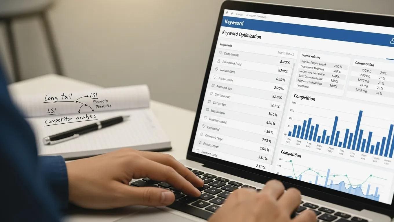 Person typing on laptop with keyword research tools and notepad