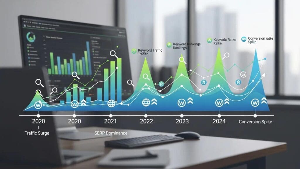 Visual representation of an SEO results timeline with digital elements and a modern office backdrop